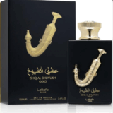 Lattafa Ishq Al Shuyukh Gold 100ml frasco con caja perfume árabe unisex oriental gourmand cuero vainilla