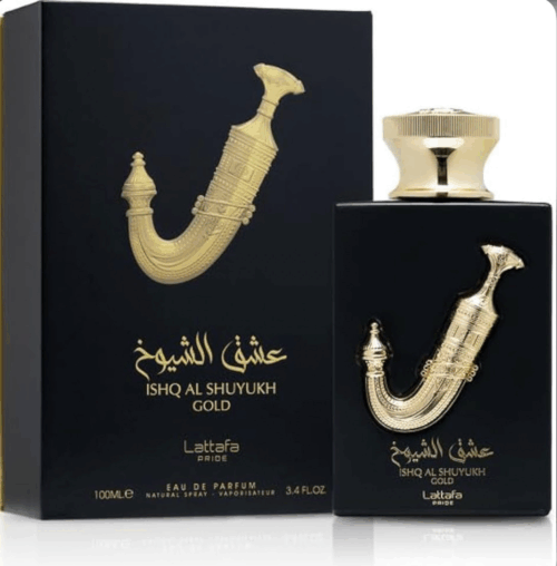 Lattafa Ishq Al Shuyukh Gold 100ml frasco con caja perfume árabe unisex oriental gourmand cuero vainilla