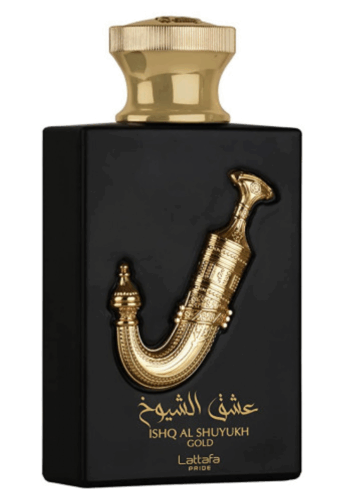 Perfume Lattafa Ishq Al Shuyukh Gold 100ml frasco árabe unisex oriental gourmand caramelo azafrán cuero