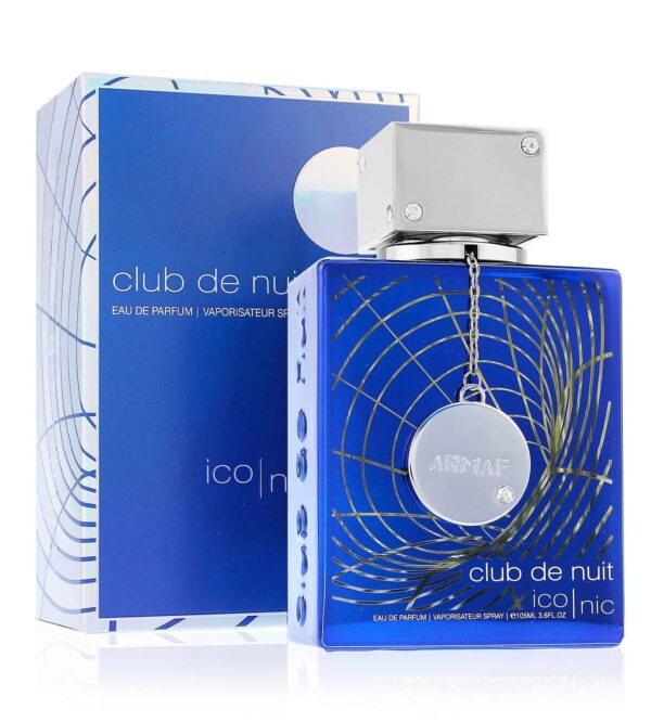 Frasco de perfume Club de Nuit en un diseño azul vibrante, acompañado de su caja. Ideal para hombres que buscan una fragancia intensa y duradera.
