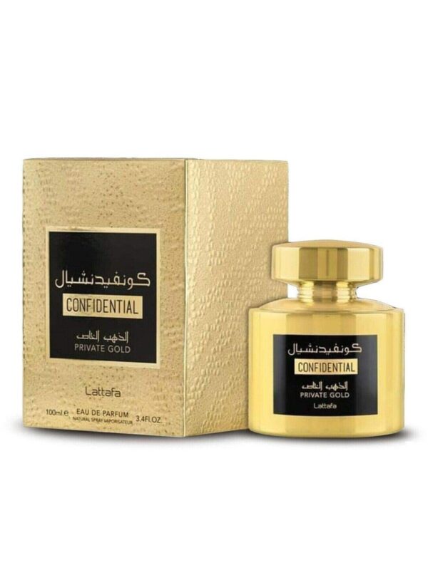 Lattafa Confidential Private Gold 100ml frasco con caja perfume árabe unisex afrutado tropical dulce luminoso