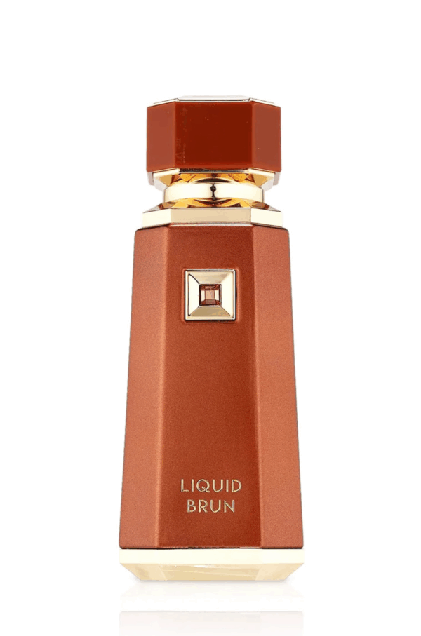 Frasco de perfume Liquid Serum de E, con diseño elegante en tonos marrón y dorado, ideal para una experiencia de fragancia lujosa.