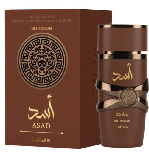 Frasco de perfume Asad de Lattafa, con diseño elegante en tonos marrones y dorados, acompañado de su caja decorativa, ideal para hombres que buscan una fragancia distintiva y sofisticada.