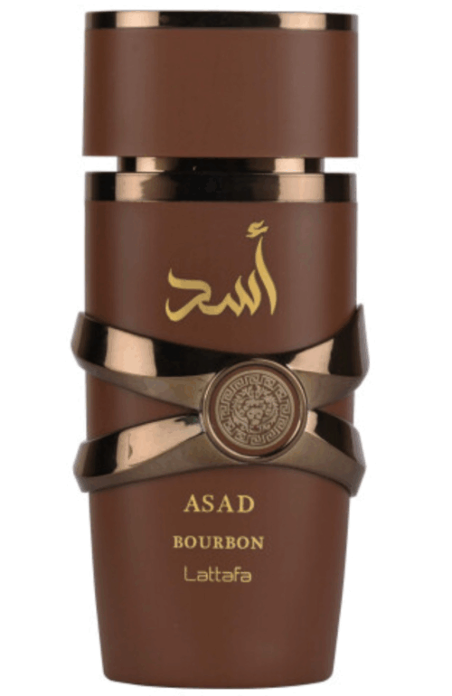 Frasco de perfume Asad Bourbon de Lattafa, con diseño elegante en tonos marrones y detalles en dorado. Ideal para quienes buscan una fragancia distintiva y sofisticada.