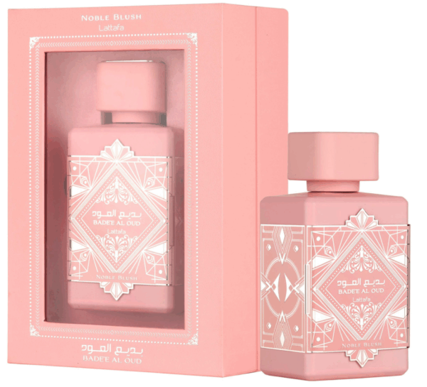 Lattafa Badee Al Oud Noble Blush 100ml frasco con caja perfume árabe mujer floral gourmand cremoso dulce