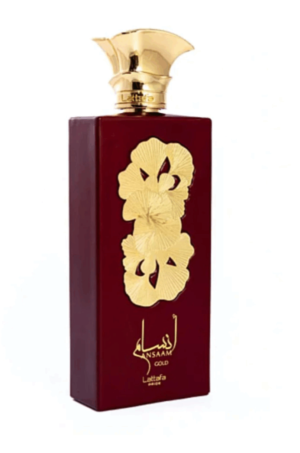 Frasco de perfume de diseño elegante en color burdeos con detalles dorados, ideal para coleccionistas y amantes de fragancias exclusivas.