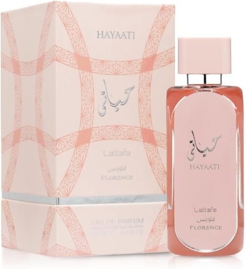 Lattafa Hayaati Florence 100ml - Frasco y caja Lattafa Hayaati Florence 100ml frasco con caja perfume árabe mujer floral frutal lichi pomelo rosa y vainilla