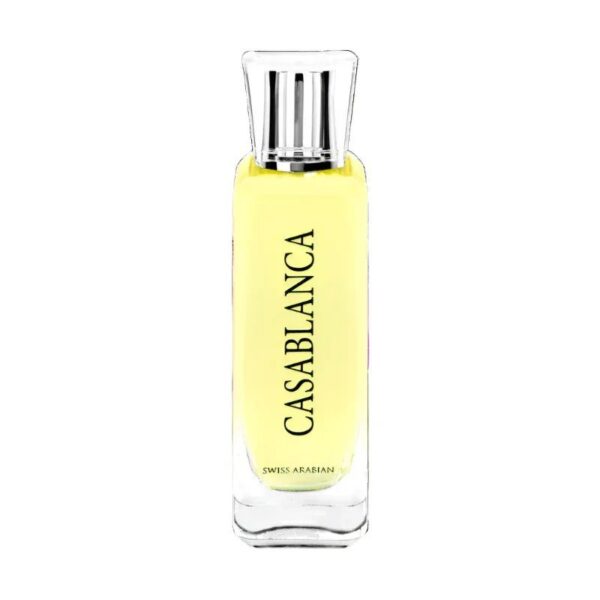 Frasco de perfume Casablanca, con diseño elegante y líquido amarillo, ideal para aquellos que buscan una fragancia fresca y sofisticada.