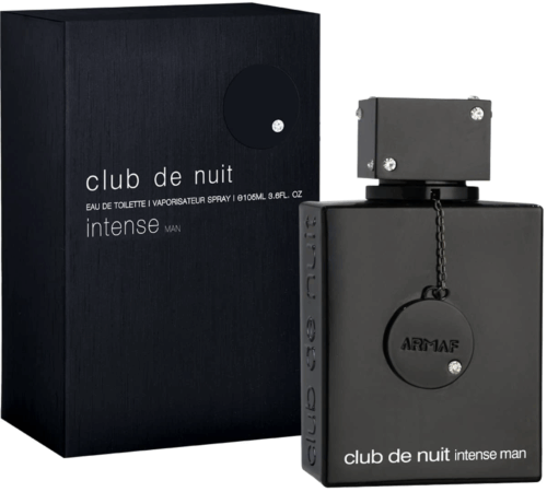 Frasco de perfume Club de Nuit Intense Man de Armaf, presentado en una caja negra elegante. Este perfume es conocido por su aroma intenso y sofisticado, ideal para ocasiones nocturnas.