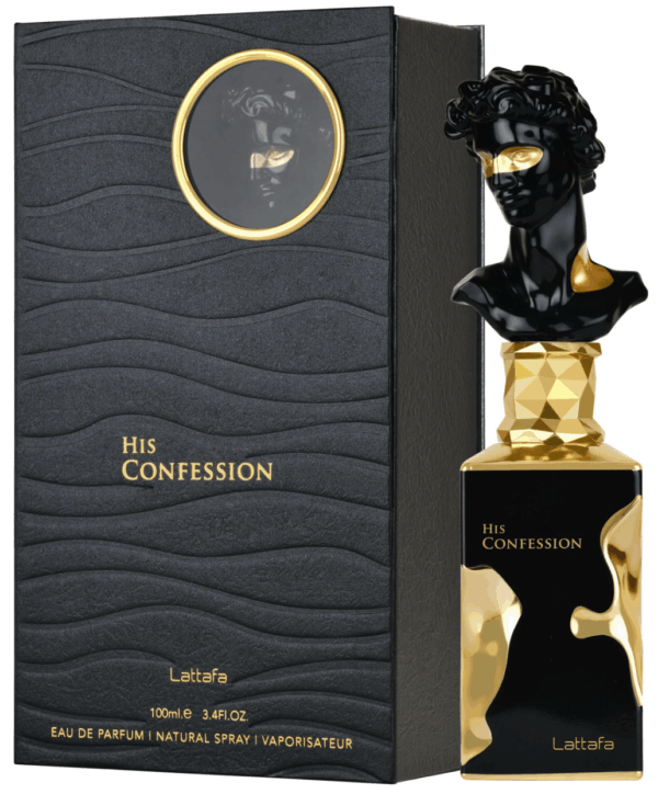Frasco de perfume "His Confession" de Latifly, presentado en una elegante caja negra con detalles dorados, destacando una escultura en forma de busto en la parte superior del frasco.