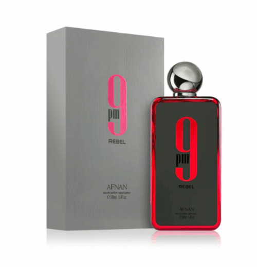Afnan 9 PM Rebel 100ml - Frasco y caja Afnan 9 PM Rebel 100ml frasco con caja perfume árabe unisex aromático frutal piña manzana y caramelo
