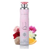 Ambientador Lattafa Yara Rosa 300ml con notas olfativas ilustradas orquídea flor de azahar y vainilla