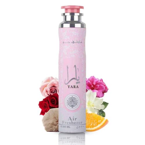 Ambientador Lattafa Yara Rosa 300ml con notas olfativas ilustradas orquídea flor de azahar y vainilla