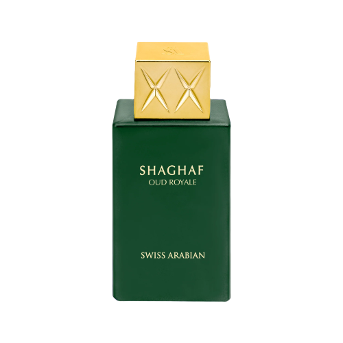 Frasco de perfume Shaghaf Oud Abiyad de Swiss Arabian, con diseño elegante en verde y tapa dorada. Ideal para quienes buscan una fragancia exclusiva y sofisticada.