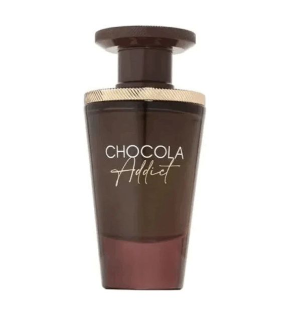 Frasco de perfume "Chocola Addict" con diseño elegante en tonos marrón y dorado, ideal para amantes de fragancias dulces y sofisticadas.