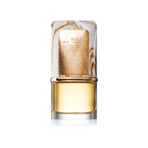 Frasco de perfume elegante con tapa decorativa en tonos dorados y diseño marbelado, ideal para uso diario y ocasiones especiales.