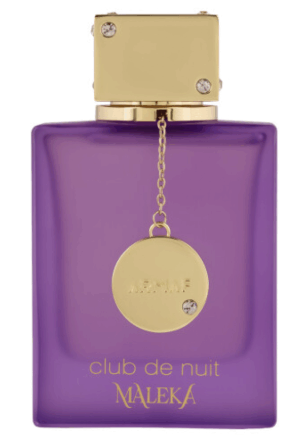 Frasco de perfume "Club de Nuit" de la marca Maleka, con un diseño elegante en color púrpura y detalles dorados. Ideal para ocasiones especiales y con una fragancia seductora.