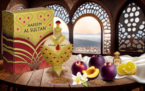 Botella decorativa de perfume "Maharaja Al Sultan" junto a frutas como ciruelas y limones, con un fondo de ventanas árabes y un paisaje natural.
