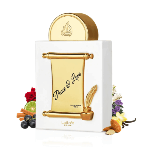 Envase de perfume "Paz & Luz" con diseño elegante, fondo blanco y detalles dorados, acompañado de flores y frutas frescas.