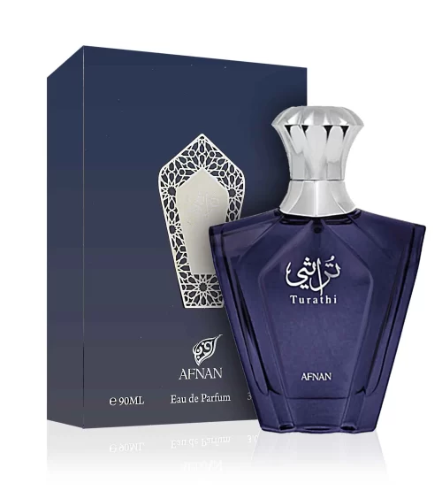 Afnan Turathi Blue 100ml - Frasco y caja Afnan Turathi Blue 100ml frasco con caja perfume árabe hombre aromático cítrico amaderado bergamota y ámbar