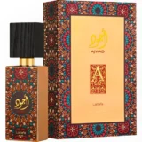 Lattafa Ajwad EDP 60ml, detalle del frasco y su estuche, perfume árabe unisex afrutado floral almizclado