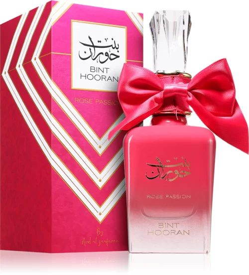 Frasco y estuche original del perfume Bint Hooran Rose Passion de Ard Al Zaafaran 100 ml en presentación premium