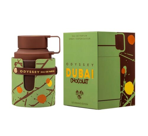 Armaf Odyssey Dubai Chocolat 100ml - Frasco y caja Armaf Odyssey Dubai Chocolat 100ml frasco con caja perfume árabe unisex gourmand café chocolate pistacho caramelo