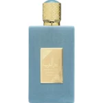 Frasco rectangular de terciopelo azul claro de Asdaaf Ameer Al Arab Imperium 100 ml con placa dorada en relieve y tapón labrado en oro