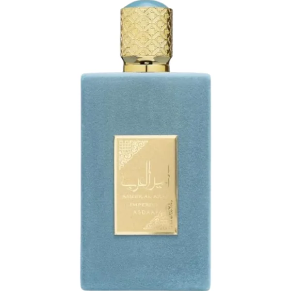 Frasco rectangular de terciopelo azul claro de Asdaaf Ameer Al Arab Imperium 100 ml con placa dorada en relieve y tapón labrado en oro
