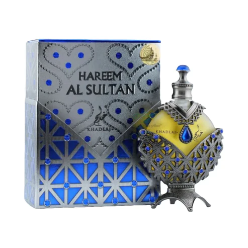 Khadlaj Hareem Al Sultan Blue Aceite 35ml - Frasco y caja Khadlaj Hareem Al Sultan Blue aceite 35ml frasco con caja perfume árabe unisex floral frutal cítricos jazmín ámbar