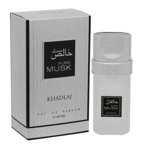 Khadlaj Pure Musk 100ml - Frasco y caja Khadlaj Pure Musk 100ml frasco con caja perfume árabe unisex floral musk cremoso empolvado lila fresia iris almizcle
