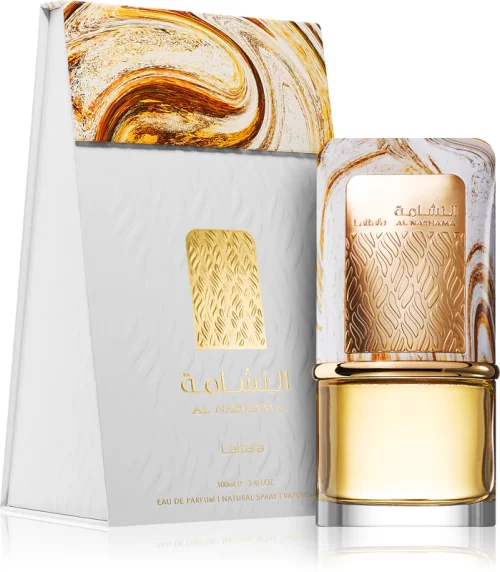 Lattafa Al Nashama 100ml - Frasco y caja Lattafa Al Nashama 100ml frasco con caja perfume árabe unisex ambarado especiado pimienta rosa ciruela cuero