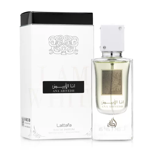 Lattafa Ana Abiyedh 60ml - Frasco y caja Lattafa Ana Abiyedh 60ml frasco con caja perfume árabe unisex frutal amaderado dulce bergamota naranja pera vainilla