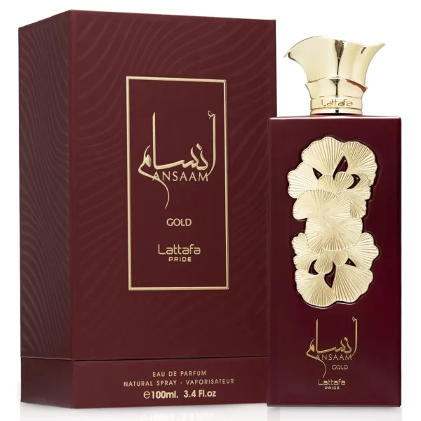Lattafa Ansaam Gold 100ml frasco con caja perfume árabe femenino oriental floral afrutado dulce rosa frambuesa