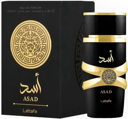 Lattafa Asad 100ml - Frasco y caja Lattafa Asad 100ml frasco con caja perfume árabe hombre amaderado especiado oscuro intenso