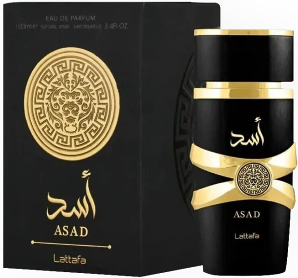 Lattafa Asad 100ml frasco con caja perfume árabe hombre amaderado especiado oscuro intenso