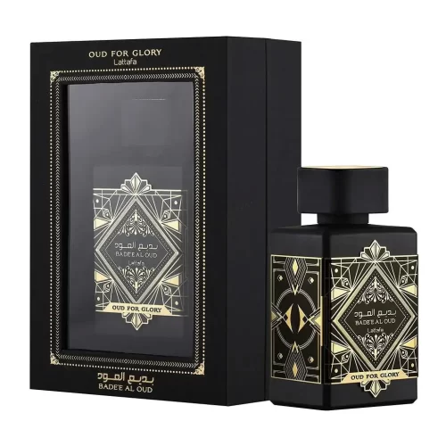 Lattafa Oud for Glory 100ml - Frasco y caja Lattafa Oud for Glory 100ml frasco con caja perfume árabe unisex amaderado