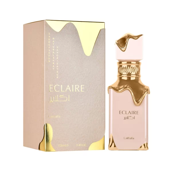 Lattafa Eclaire 100ml frasco con caja perfume árabe femenino gourmand lácteo dulce caramelo leche vainilla praliné
