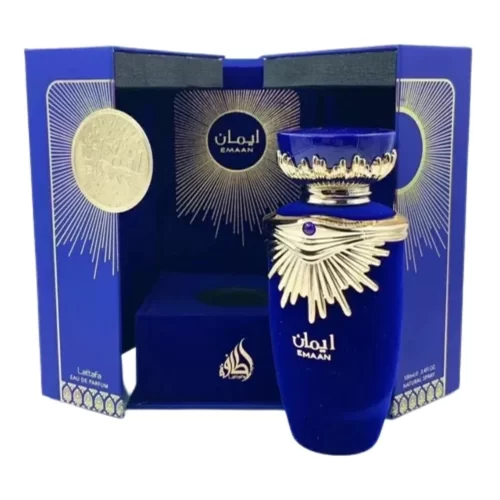 Lattafa Emaan 100ml frasco con caja perfume árabe unisex chypre floral tuberosa jazmín caléndula vainilla almizcle