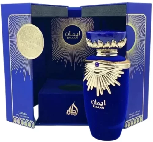 Lattafa Emaan 100ml frasco con caja perfume árabe unisex chypre floral tuberosa jazmín caléndula vainilla almizcle