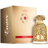 Lattafa Emeer 100ml frasco con caja perfume árabe unisex amaderado aromático limón enebro té blanco sándalo cedro