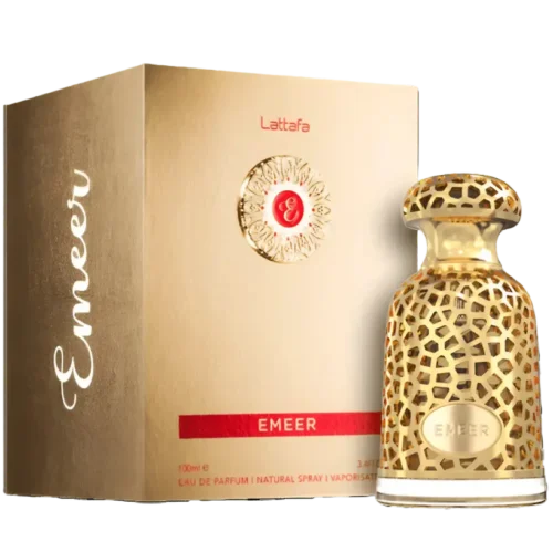 Lattafa Emeer 100ml - Frasco y caja Lattafa Emeer 100ml frasco con caja perfume árabe unisex amaderado aromático limón enebro té blanco sándalo cedro