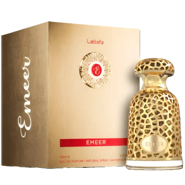 Lattafa Emeer 100ml frasco con caja perfume árabe unisex amaderado aromático limón enebro té blanco sándalo cedro