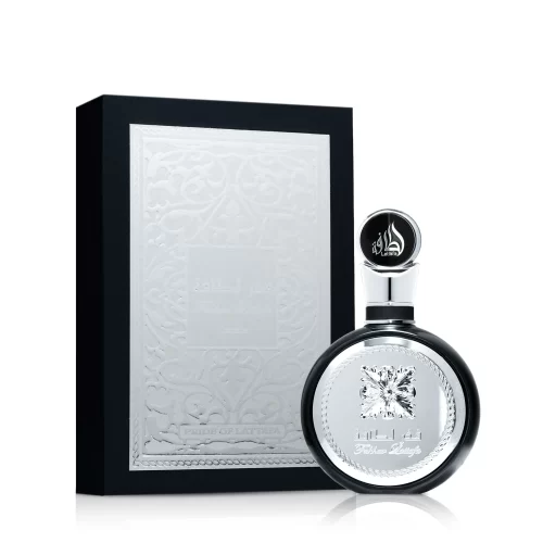 Lattafa Fakhar Black 100ml frasco con caja perfume árabe hombre aromático amaderado fresco manzana lavanda tonka cedro