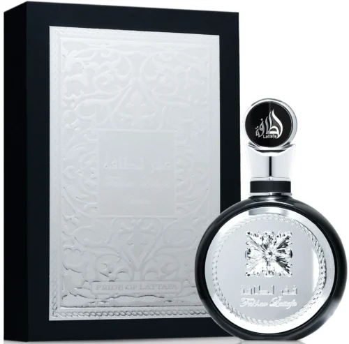 Lattafa Fakhar Black 100ml frasco con caja perfume árabe hombre aromático amaderado fresco manzana lavanda tonka cedro