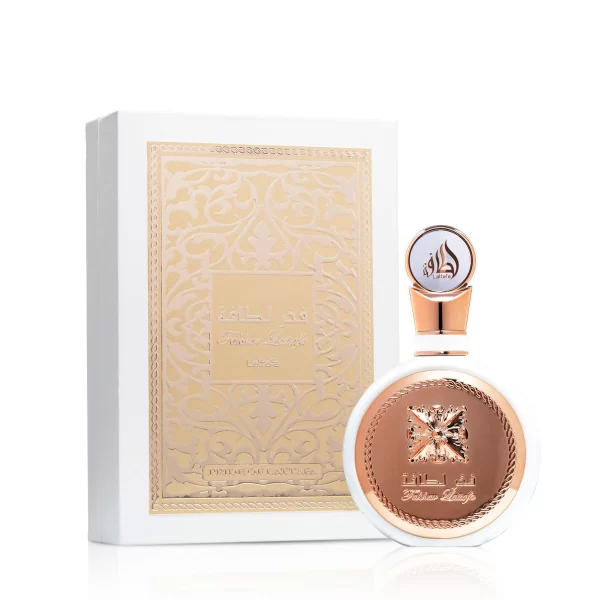 Lattafa Fakhar Rose 100ml frasco con caja perfume árabe femenino floral afrutado opulento tuberosa rosa vainilla
