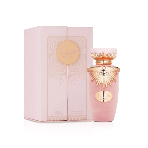 Lattafa Haya 100ml frasco con caja perfume árabe femenino floral afrutado dulce champán gardenia jazmín
