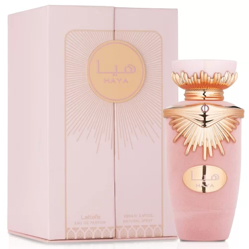 Lattafa Haya 100ml - Frasco y caja Lattafa Haya 100ml frasco con caja perfume árabe femenino floral afrutado dulce champán gardenia jazmín