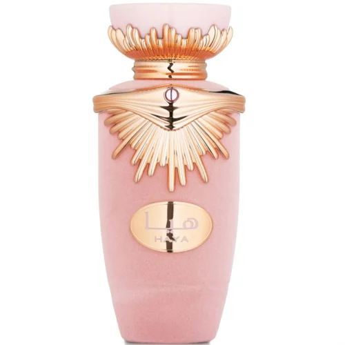 Perfume Lattafa Haya 100ml frasco árabe femenino floral afrutado champán fresa gardenia jazmín sándalo ámbar