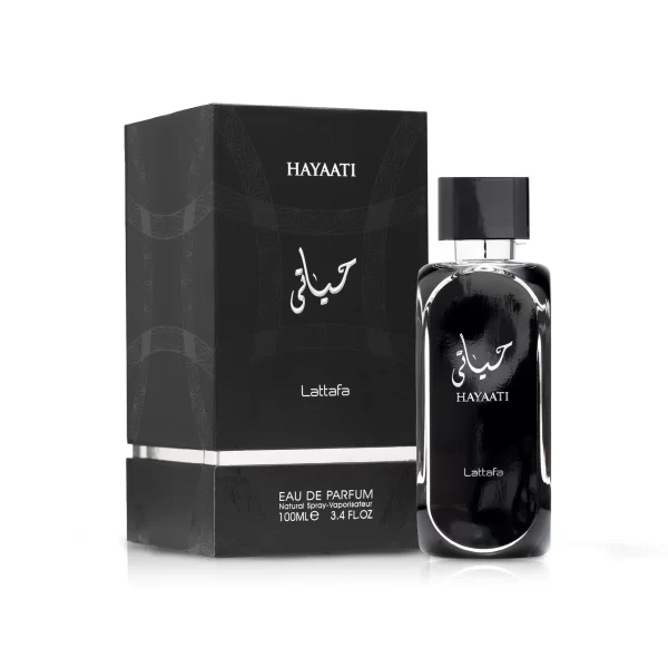 Lattafa Hayaati Black 100ml frasco con caja perfume árabe hombre amaderado aromático fresco canela vainilla manzana